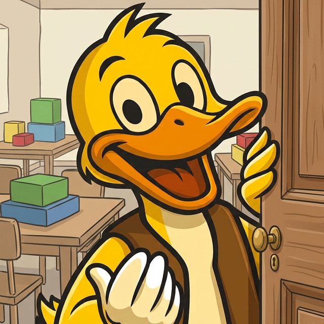 Le canard mascotte d'Avalon ouvre la porte de la salle de jeux et fait signe d'entrer